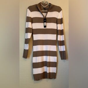 Fashion Nova Brown and White Striped Sweater Dress